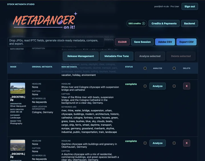 Metadancer workspace comparing original and generated metadata